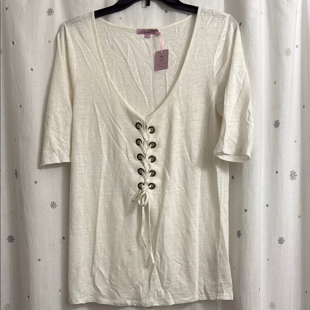 Calypso St. Barth Linen Lace-Up Short Sleeve Top